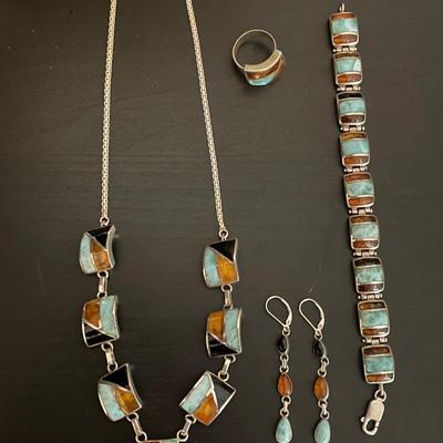 Stunning Larimar/Onyx/Amber Sterling Silver Jewelry Set
