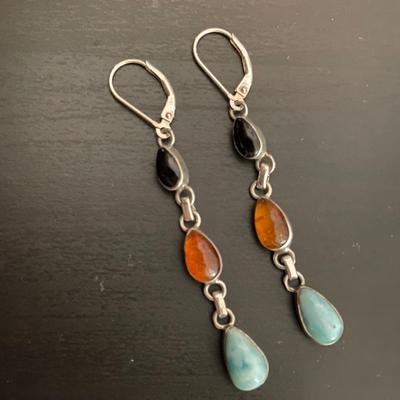 Stunning Larimar/Onyx/Amber Sterling Silver Jewelry Set