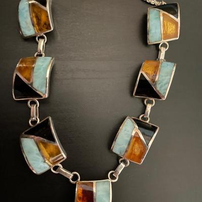 Stunning Larimar/Onyx/Amber Sterling Silver Jewelry Set