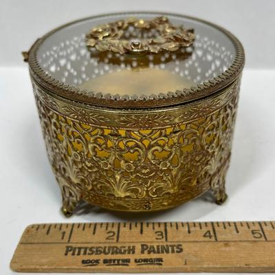 Oval Brass Glass Jewelry Box Gold Filigree