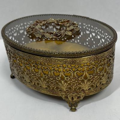 Oval Brass Glass Jewelry Box Gold Filigree