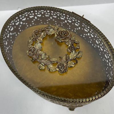 Oval Brass Glass Jewelry Box Gold Filigree