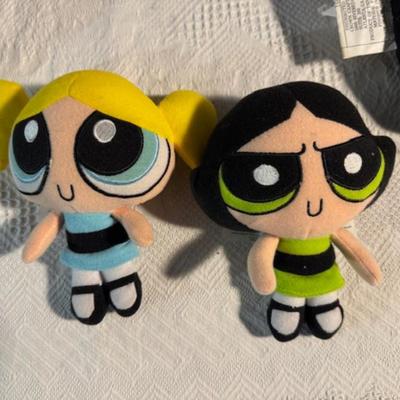 Sale Photo Thumbnail #739: 1. Power Puff Girls stuffed dolls approx. 36" tip to tip x 18". 2. approx. 32" ear to ear and 26" tip to tip. 3. head approx. 18" x 12". 4. 2x small 8" x 6.5". 5.  Backpack approx. 18" x 14". 6. Twin blanket, twin sheet set.