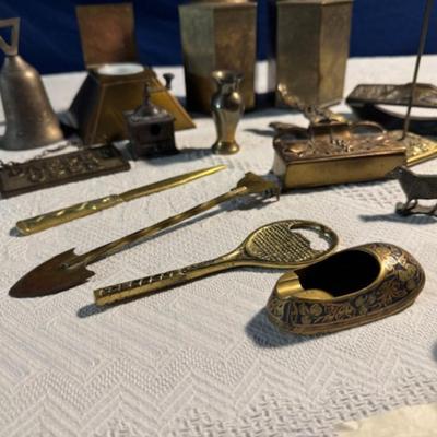 Sale Photo Thumbnail #845: 4 piece desk set, pencil sharpener, letter opener, incense stick holder shoe or ashtray, sheep 1.5", owl 1.5", bell 1", bell 1985 India 4 3/4".  Pyramid shaped ink well 2".  Men's razor, vase 2.5", Dampen Open/Closed hanging brass sign.  Antique women's s