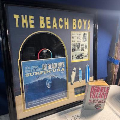 Sale Photo Thumbnail #929: Beach Boys signed and framed LP 30.5" x 28.5" and book Heroes and Villains the true story of the Beach Boys by Steven Gaines.