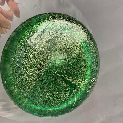 D751 Vintage Green and Gold Flecked Signed Art Glass Bowl