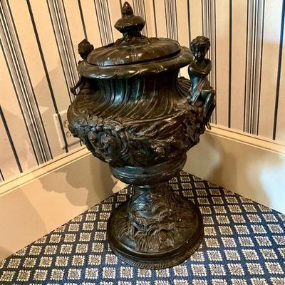 Pair Of Maitland Smith Solid Bronze Lidded Urns
