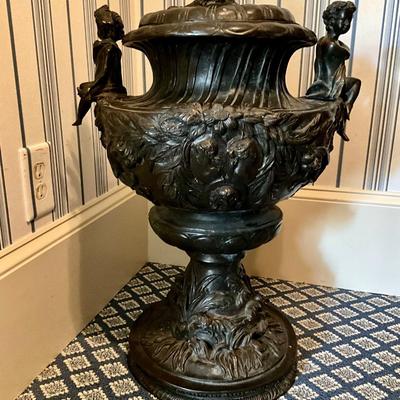 Pair Of Maitland Smith Solid Bronze Lidded Urns
