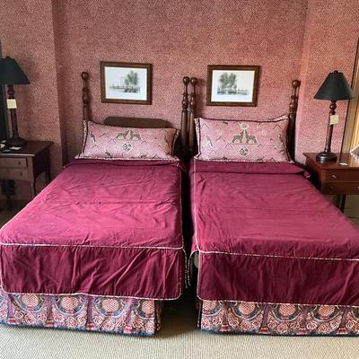 UA764 Pair of Custom Burdundy Twin Covers with Shams and Bedskirts with John Jacoby Fabric