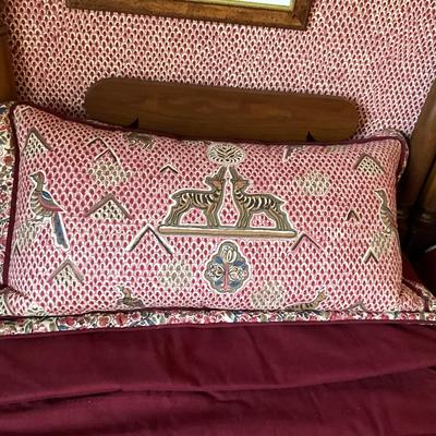 UA764 Pair of Custom Burdundy Twin Covers with Shams and Bedskirts with John Jacoby Fabric