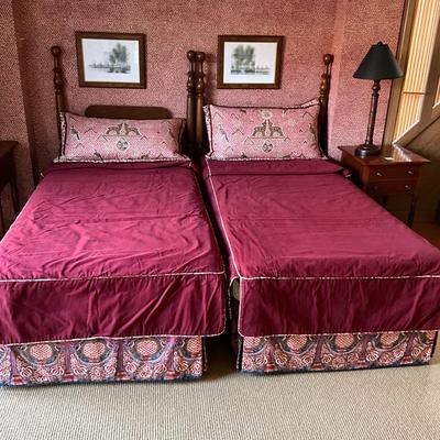 UA764 Pair of Custom Burdundy Twin Covers with Shams and Bedskirts with John Jacoby Fabric