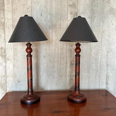 UA768 Pair of Handpainted Oak Leaf Design Candlestick Lamps