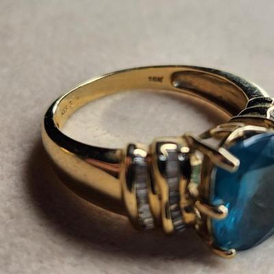 14k Yelow Gold Blue Topaz Diamond Ring Size 9.25