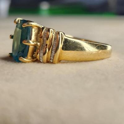 14k Yelow Gold Blue Topaz Diamond Ring Size 9.25