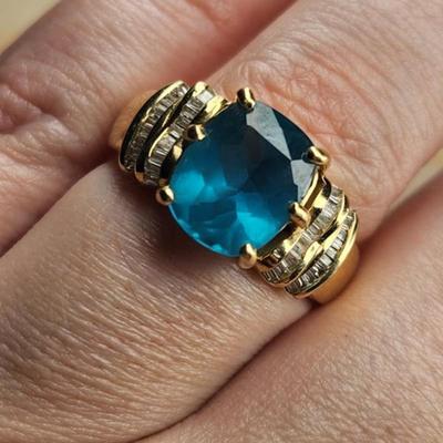 14k Yelow Gold Blue Topaz Diamond Ring Size 9.25