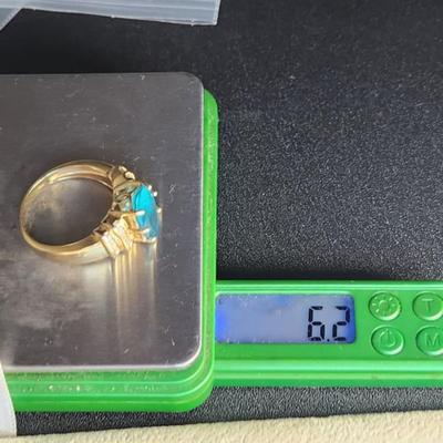 14k Yelow Gold Blue Topaz Diamond Ring Size 9.25