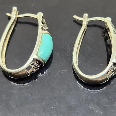 Sterling Silver Faux Turquoise Hoop Earrings 1 Inch