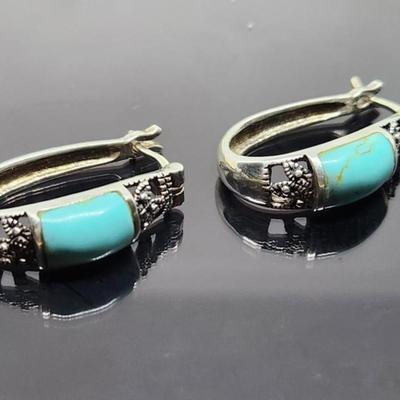 Sterling Silver Faux Turquoise Hoop Earrings 1 Inch