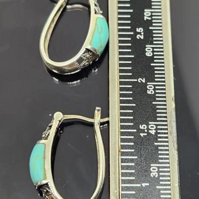 Sterling Silver Faux Turquoise Hoop Earrings 1 Inch
