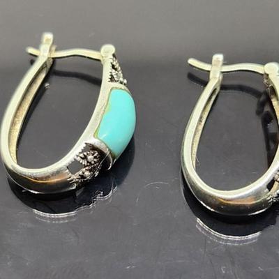 Sterling Silver Faux Turquoise Hoop Earrings 1 Inch
