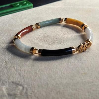 14k Multi Color Tubular Link Jade Bracelet Good Luck Clasp