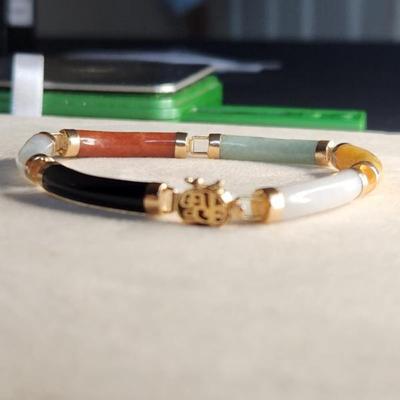14k Multi Color Tubular Link Jade Bracelet Good Luck Clasp