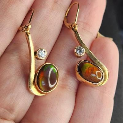 Very Rare 14k Gold Mexican Fire Agate Diamond Earrings