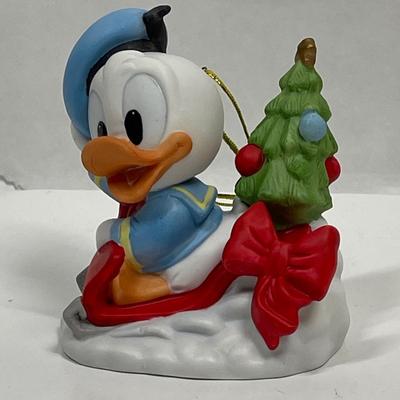 Vintage 1984 Baby Donald Duck Red Sled Christmas Tree Ceramic Ornament