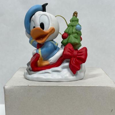 Vintage 1984 Baby Donald Duck Red Sled Christmas Tree Ceramic Ornament