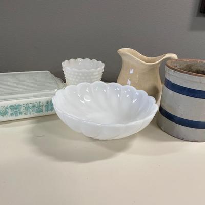 Milk glass, pottery and Pyrex