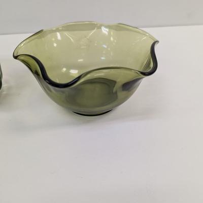 Green Scalloped Planter Hazel Atlas Avocado Green Capri Bowl & Green Indiana Handkerchief Candy Dish