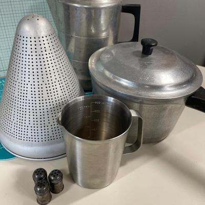 Sale Photo Thumbnail #86: 4 Sterling S&P shakers ***last shaker was found but not pictured****
Percolator 
Aluminum sieve
Pot