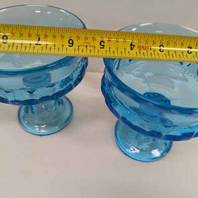 Vintage Indiana Glass Aqua Blue Thumbprint Kings Crown Compote Candy Dishes