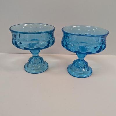 Vintage Indiana Glass Aqua Blue Thumbprint Kings Crown Compote Candy Dishes