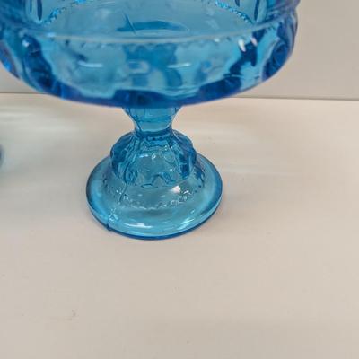 Vintage Indiana Glass Aqua Blue Thumbprint Kings Crown Compote Candy Dishes