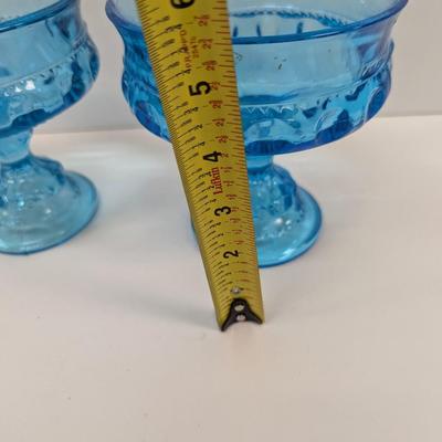 Vintage Indiana Glass Aqua Blue Thumbprint Kings Crown Compote Candy Dishes