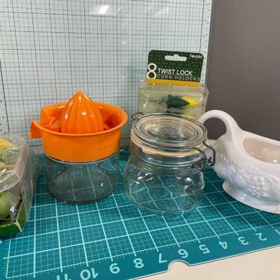 Vintage juicer, corn holders, gravy boat