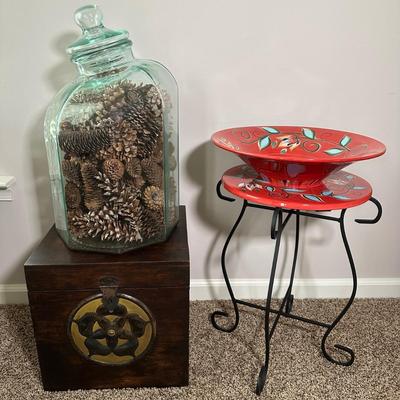 LOT 42L: Beautiful Home Decor - Plant Stand, Glass Jar & More