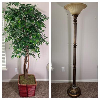 LOT 43L: Large Faux Plant w/ Bronze Color Floor Lamp