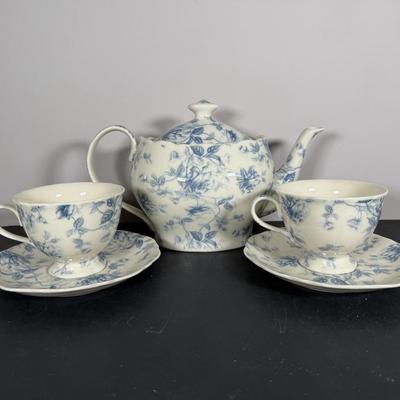 LOT 61K: Gracie China by Coastline Imports Teapots - one w/ Matching Sugar Bowl & Creamer, one w/ Matching Teacups & Saucers