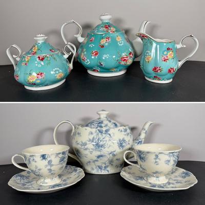 LOT 61K: Gracie China by Coastline Imports Teapots - one w/ Matching Sugar Bowl & Creamer, one w/ Matching Teacups & Saucers