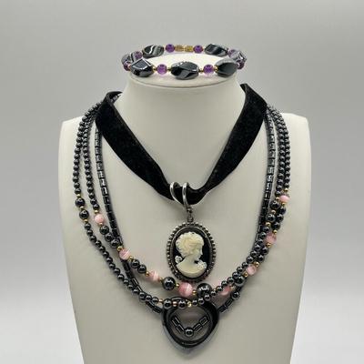 LOT 82J: Faux Cameo Choker, Hematite Necklaces and Bracelet