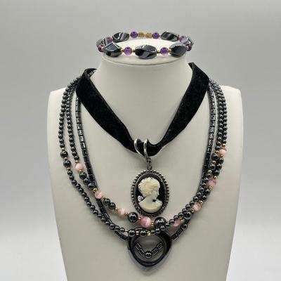 LOT 82J: Faux Cameo Choker, Hematite Necklaces and Bracelet