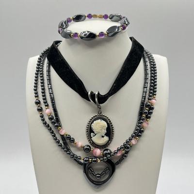 LOT 82J: Faux Cameo Choker, Hematite Necklaces and Bracelet