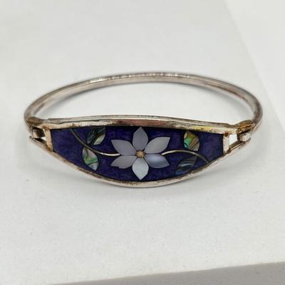 LOT 86J: Two Cuff and One Hinged Bangle Bracelet Inlay Gemstone Mexico