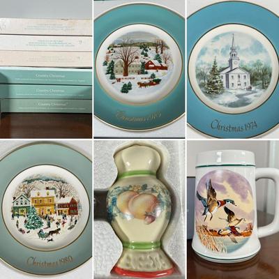 LOT 185L: Avon - Vintage Christmas Plates, Sweet Country Harvest S&P Shakers & Country Den Ceramic Tankard - all w/ Boxes