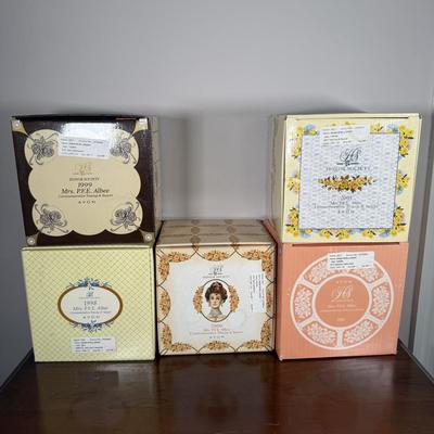 LOT 186L: Avon Honor Society Mrs. P.F.E. Albee Commemorative Tea Cup & Saucer Sets w/ Boxes - 1998-2001, 2004