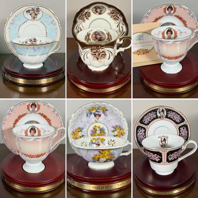 LOT 186L: Avon Honor Society Mrs. P.F.E. Albee Commemorative Tea Cup & Saucer Sets w/ Boxes - 1998-2001, 2004