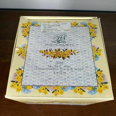LOT 186L: Avon Honor Society Mrs. P.F.E. Albee Commemorative Tea Cup & Saucer Sets w/ Boxes - 1998-2001, 2004