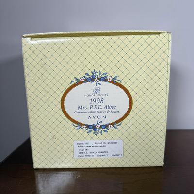 LOT 186L: Avon Honor Society Mrs. P.F.E. Albee Commemorative Tea Cup & Saucer Sets w/ Boxes - 1998-2001, 2004
